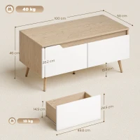 HOMCOM Masă de cafea dreptunghiulară, masă de living modernă cu 2 sertare, 5 picioare din lemn de pin, 100x50x46cm, stejar și alb(m-3)