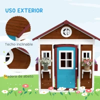 Outsunny Casita de Madera Infantil con Puerta Ventanas Jardineras y Repisas con Detalles de Color 114x126,4x135 cm Marrón Oscuro(m-5)