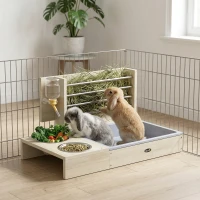 PawHut Râtelier à Foin en Bois pour Lapin Mangeoire Lapin 3 en 1 avec Bac à Litière et Bouteille d'Eau 58x40x32cm Bois Naturel(m-2)