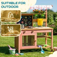 AIYAPLAY Kids Mud Kitchen with Canopy, Outdoor Wooden Play Kitchen with Planter Box, Accessories for Age 3-6, Pink(m-8)