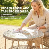 Outsunny Mesa de Jardín Exterior de Ratán Mesita Auxiliar de Jardín con Estante Tablero de Vidrio Templado 65x65x50 cm Amarillo(m-5)