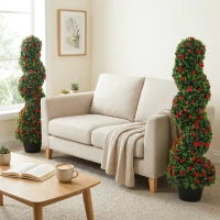 HOMCOM Artificial Rose Spiral Topiary Tree Set of 2, Indoor Outdoor Fake Plants with 630 Leaves, 90cm(m-6)
