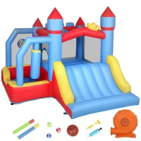 AIYAPLAY Castelo Insuflável para Crianças com Soprador Escorrega Trampolim Piscina Coluna de Boxe e Cesto de Basquetebol 277x270x215 cm(m-1)