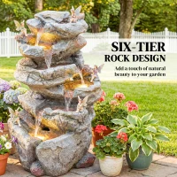 Outsunny Outdoor Water Fountain with 6-Tier Rock Style, Cascading Waterfall Feature with LED Lights, Adjustable Flow, Grey(m-4)