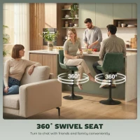 HOMCOM Retro Bar Stools Set of 2, Adjustable Kitchen Stool, Upholstered Bar Chairs with Back, Swivel Seat, Green(m-5)