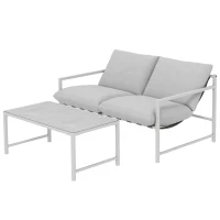 Outsunny Set di 2 Pezzi Salotto da Giardino Esterno, Divano con Cuscini, Tavolino in Vetro Temperato Effetto Marmo 3D, 125x80x64 cm, Grigio Chiaro(m-7)