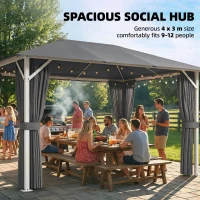 Outsunny Gazebo da Giardino 4x3m Impermeabile e Stabile, con Zanzariera, 4 Pannelli Laterali, Ventilazione e Fori di Drenaggio, Grigio Scuro(m-4)