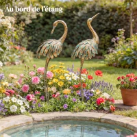 Outsunny Lote de 2 Estatuas de Jardín, Escultura de Garza en Metal, Estatuas de Aves 91/95cm, para Patio, Estanque, Terraza, oro/azul(m-5)