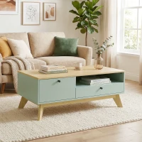 HOMCOM Mesa de centro para salón, mesa auxiliar rectangular con cajón, puerta y compartimento abierto, verde claro y roble(m-5)