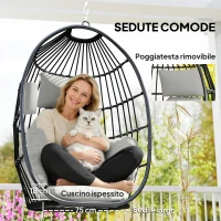 Outsunny Poltrona Sospesa a Uovo con Gancio, Cuscino e Poggiatesta, in Acciaio e Poliestere, 75x62x107 cm, Grigio(m-6)