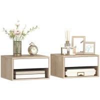 HOMCOM Lote de 2 mesitas de noche murales, mesitas de noche, cajón, compartimento abierto, tablero, 37 x 32 x 21 cm, madera natural(m-7)