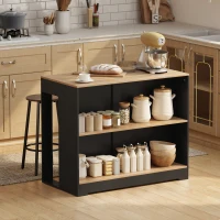 HOMCOM Mostrador Bar Isla de Cocina con 3 Estantes para Salón y Sala de Estar, 113x60x90 cm, Negro y Madera(m-2)