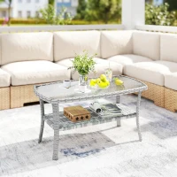 Outsunny Masă de grădină exterioară dreptunghiulară din ratan cu raft blat din sticlă securizată cu model ondulat 90x50x45 cm Gri închis(m-2)