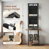 HOMCOM Vinyl Record Player Stand Record Storage with Player Stand Oxford Fabric Pockets Bottom Shelf Rustic Brown and Black(m-7)