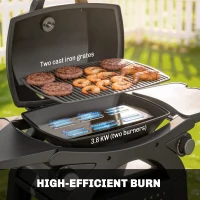 Outsunny 2 Burner Gas Grill with 2 Side Tables, 3.8 KW Barbecue Grill with Cast Iron Grates, 2-in-1 Tabletop BBQ with Wheels(m-5)