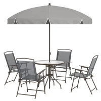 Outsunny 6 Piece Garden Dining Set with Umbrella, Patio Sets with Parasol, 4 Folding Dining Chairs, Dark Grey(m-11)