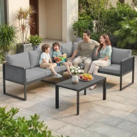Outsunny 6 Seater Metal Garden Furniture Corner Sofa Set with 3 Loveseats, Faux Wood Table, Texteline Seat, Cushions, Dark Grey(m-2)