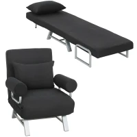 HOMCOM Butaca sofá-cama convertible reclinable 1 plaza Cojines lumbares y reposabrazos Patas metálicas Lino Negro(m-7)