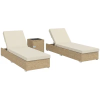 Outsunny Rattan Sun Loungers Set of 2 with Side Table, Garden Recliner Sunbeds with Adjustable Back, Cushions, Beige(m-10)