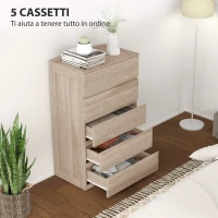 HOMCOM Cassettiera 5 Cassetti in Legno con Guide in Metallo e Maniglie Scanalate, 60x39x100 cm, color Faggio(m-5)