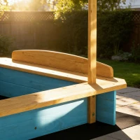 AIYAPLAY Sabbiera in legno con tetto, 3 panchine e 2 cassette, 128x118x121 cm, Blu(m-5)