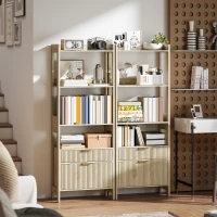 HOMCOM Librería alta, mueble de almacenamiento con 4 estantes abiertos y 2 cajones acanalados, 60 x 30 x 160 cm, madera natural(m-5)