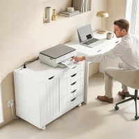 HOMCOM Mueble para Impresora con Estación de Carga y Ruedas 5 Cajones Puertos USB Estante Ajustable Blanco(m-9)