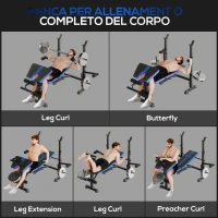 HOMCOM Panca Multiuso con Supporto Bilanciere e Schienale Regolabile, in Acciaio e Plastica, 175x139x127 cm, Nero e Blu(m-4)