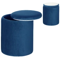 HOMCOM Storage Ottoman Modern Velvet Round Foot Stool for Living Room Bedroom 45 cm Blue(m-10)