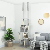 PawHut Albero Tiragraffi a Soffitto con Altezza Regolabile 225-255 cm con Casetta e Amaca, Grigio Chiaro(m-2)