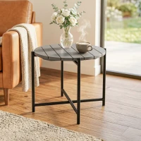 Outsunny 54 cm Round Outdoor Side Table, Industrial Small Garden Table with Slatted Wood Top and Metal Frame, Dark Grey(m-9)