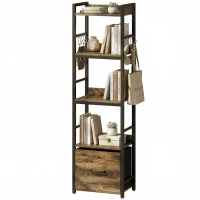 HOMCOM Librería de 4 niveles, estantería estrecha con cajón, 8 ganchos, , 39 x 26 x 136,5 cm, marrón rústico(m-8)