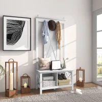 HOMCOM Suport pentru Haine cu Pantofi din Lemn cu 2 Rafturi și 3 Cârlige pentru Agățat Rucsacuri 80,5x40x168 cm Alb(m-2)