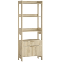 HOMCOM Librería alta, mueble de almacenamiento con 4 estantes abiertos y 2 cajones acanalados, 60 x 30 x 160 cm, madera natural