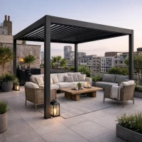 Outsunny 3 x 3(m) Electric Louvered Pergola with LED Lights, Aluminium Pergola Hardtop Gazebo with Remote, Adjustable Roof and Drainage System, Water and UV Proof(m-2)
