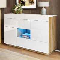 Credenza moderna con illuminazione a LED, vetrina e cassetti, 120x37x76.5 cm, Bianco(m-4)