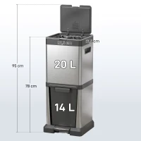 HOMCOM Pedaalemmer 20+14L met deksel, voetpedaal, kantelvak, uitneembare inzetemmers, RVS 32,5 x 31,5 x 78 cm Zilver(m-3)