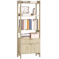 HOMCOM Librería alta, mueble de almacenamiento con 4 estantes abiertos y 2 cajones acanalados, 60 x 30 x 160 cm, madera natural(m-7)