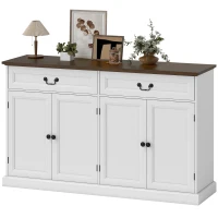 HOMCOM Aparador para salón, mueble de almacenamiento con 4 puertas, 2 cajones silenciosos, estantes ajustables, 140x40x85cm, blanco y marrón(m-8)