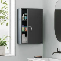 kleankin Armadio Porta Medicinali da Parete, Armadietto da Bagno con 3 Ripiani e 2 Chiavi, 40x18x60 cm, Grigio(m-2)