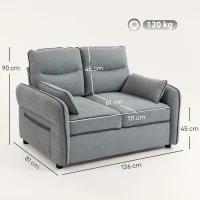 HOMCOM Canapea 2 locuri, canapea de living din velur egiptean, 2 perne incluse, buzunar lateral, 136 x 81 x 90 cm, gri(m-3)