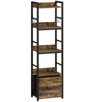 HOMCOM Librería de 4 niveles, estantería estrecha con cajón, 8 ganchos, , 39 x 26 x 136,5 cm, marrón rústico