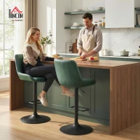 HOMCOM Retro Bar Stools Set of 2, Adjustable Kitchen Stool, Upholstered Bar Chairs with Back, Swivel Seat, Green(m-11)