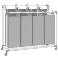 HOMCOM Cesta de ropa móvil, carrito para ropa sucia, cesta con ruedas con 4 sacos extraíbles, 4 x 40L, 97 x 38 x 81 cm, gris(m-1)