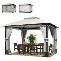 Outsunny 3 x 3.6 m Outdoor Garden Gazebo with Netting and Curtains, Double Roof Patio Gazebo Permanent Pavilion, Light Grey(m-11)