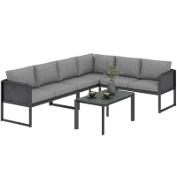 Outsunny 6 Seater Metal Garden Furniture Corner Sofa Set with 3 Loveseats, Faux Wood Table, Texteline Seat, Cushions, Dark Grey(m-10)