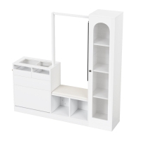 6-en-1 Meuble d'entrée avec éclairage LED, ensemble vestiaire, coiffeuse, banc à chaussures, armoire à chaussures rabattable et vitrine en verre, 163x35x161 cm, Blanc