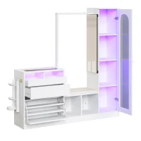 Set da Ingresso a LED con appendiabiti, tavolino, panca scarpiera e vetrina, 163x35x161 cm, Bianco(m-11)