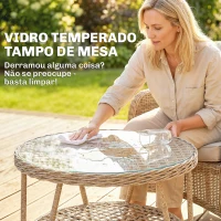 Outsunny Mesa de Jardim Exterior em Ratã Mesinha Auxiliar de Jardim com Prateleira Tampo em Vidro Temperado 65x65x50 cm Amarelo(m-5)