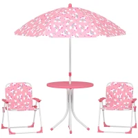 AIYAPLAY Conjunto Infantil de Mesa e Cadeiras de Jardim de 4 Peças Cadeiras Dobráveis Chapéu de Sol Desmontável Design Unicórnios Rosa(m-1)